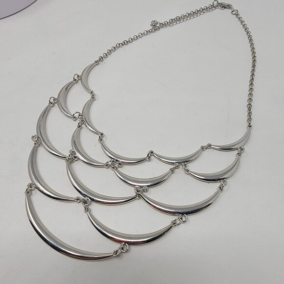 Silver Tone Multi Layer Crescent Bib Statement Necklace - Picture 3 of 6